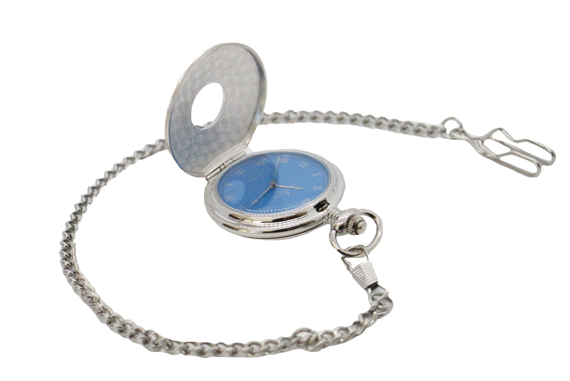 Blue Quartz Chrome Plated Plain Pocket Watch With Chain David Aster
