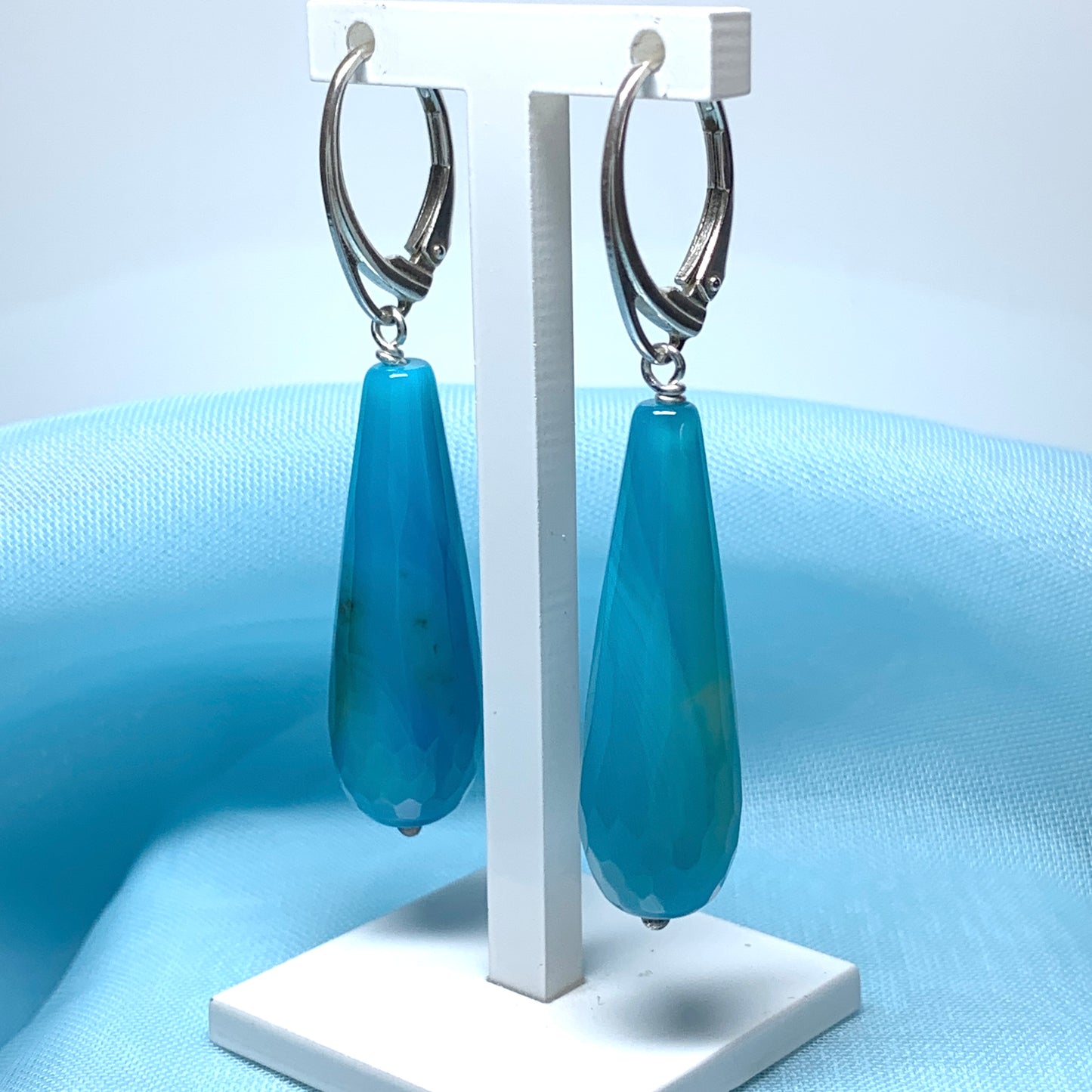 Blue teardrop pear shaped long drop agate earrings continental wires