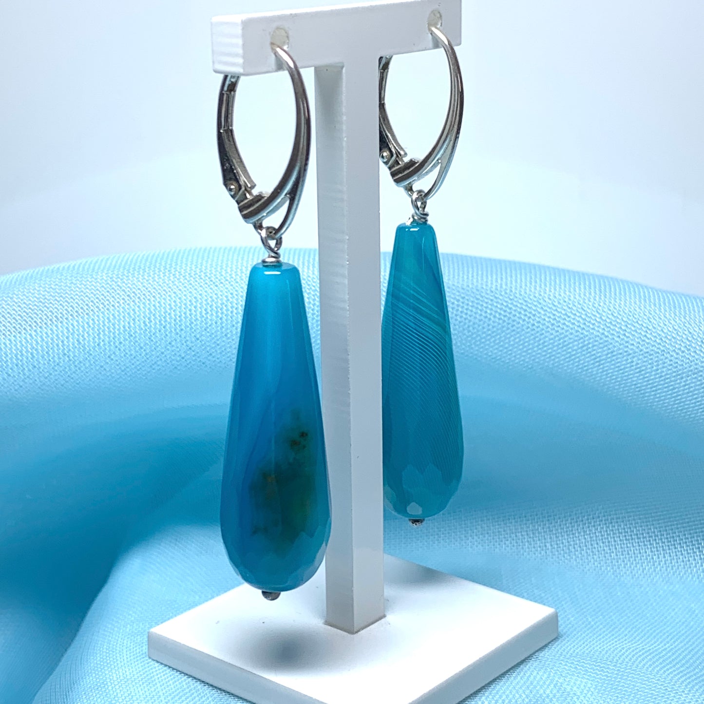 Blue teardrop pear shaped long drop agate earrings continental wires