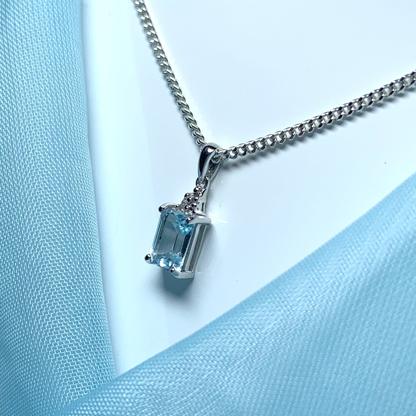 Blue topaz square shaped sterling silver diamond necklace pendant