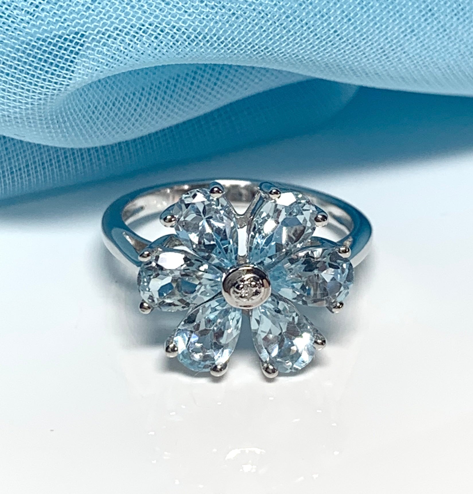 Blue topaz diamond round sterling silver daisy petal cluster ring