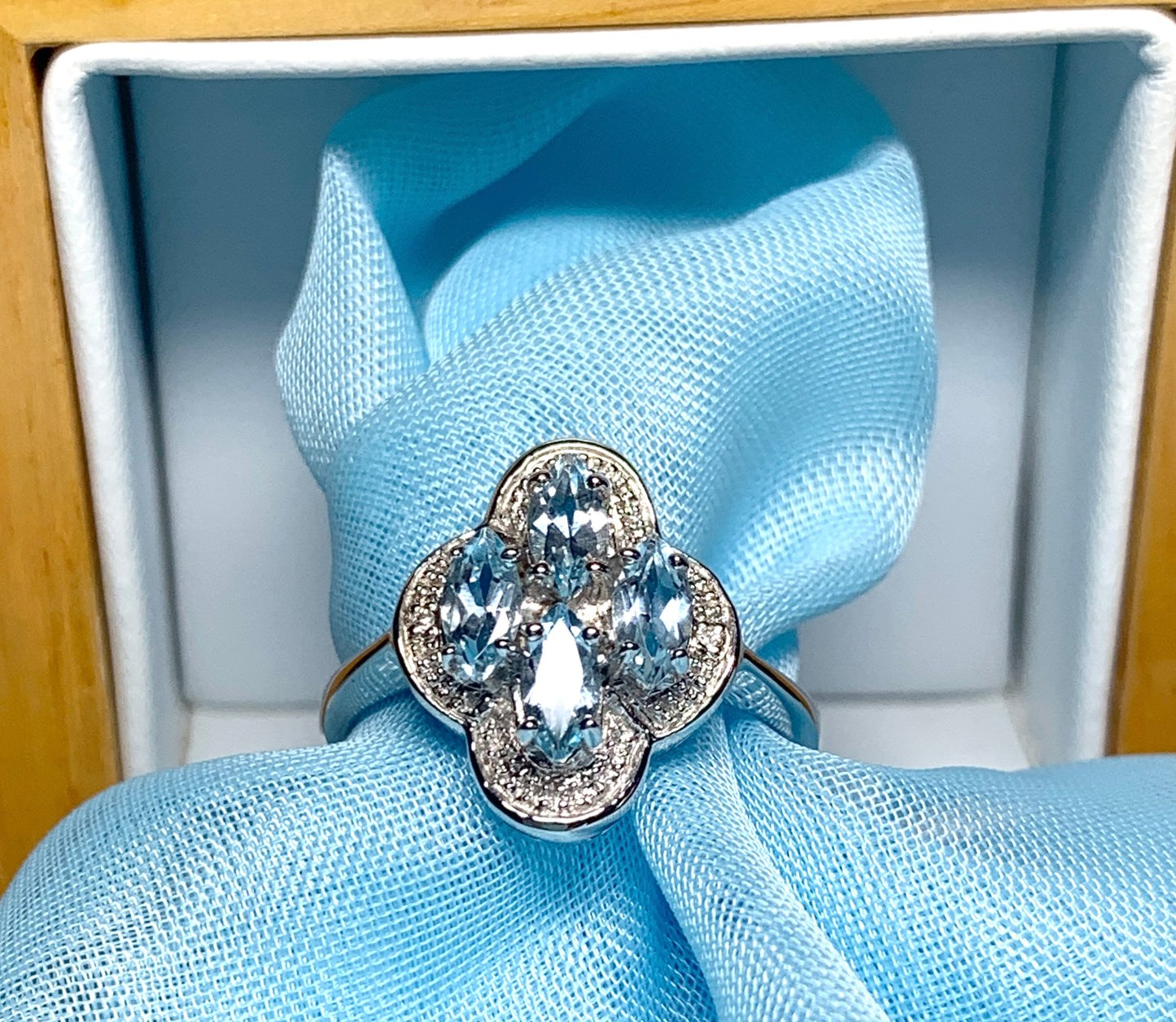 Blue topaz diamond sterling silver marquise cut cluster ring