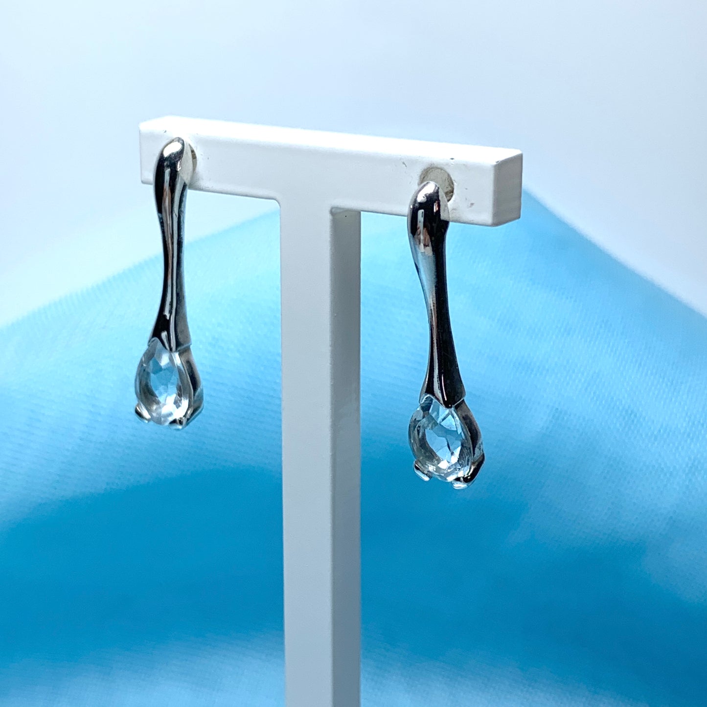 Blue topaz sterling silver long drop earrings pear shaped stones