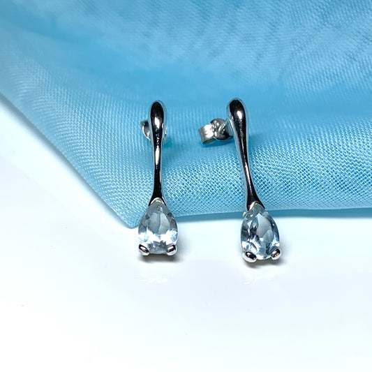 Blue topaz sterling silver long drop earrings pear shaped stones