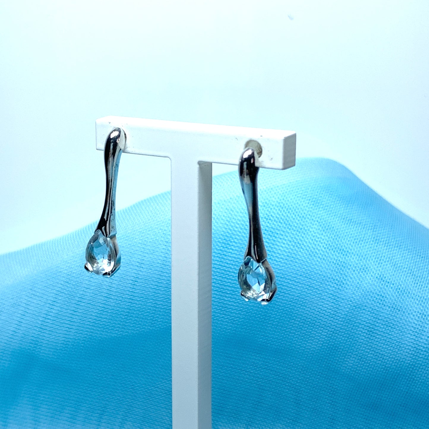 Blue topaz sterling silver long drop earrings pear shaped stones