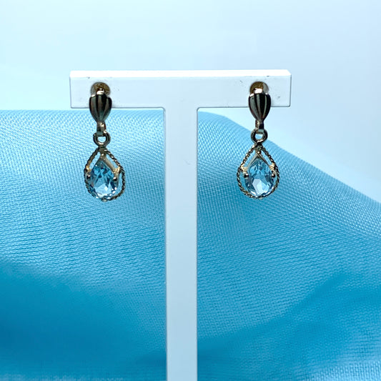 Blue topaz yellow gold oval shaped fancy drop earrings