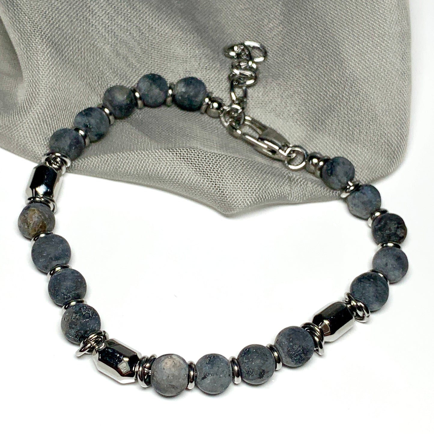 Bracelet Labradorite heavy solid stainless steel blue grey