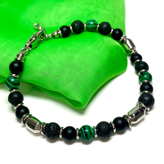 Bracelet black lava and green malachite heavy solid stainless steel