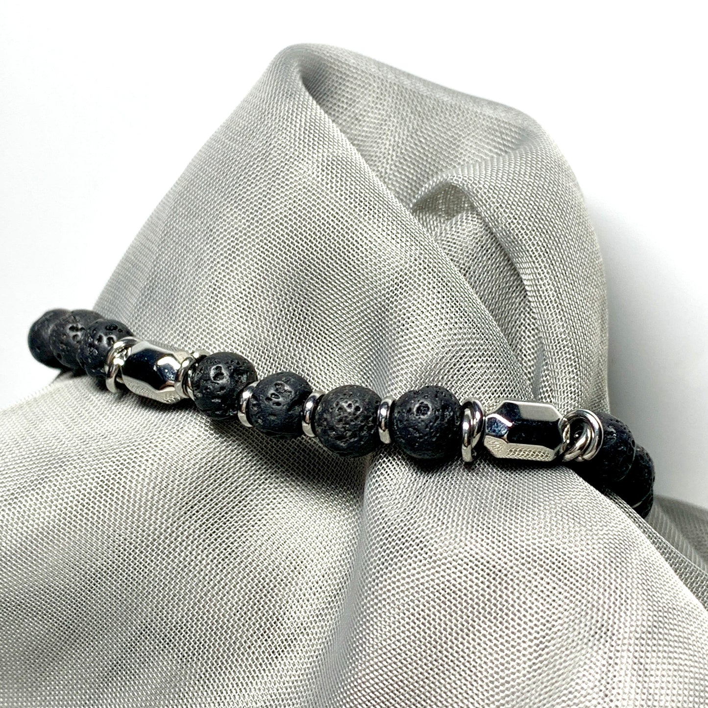 Bracelet real black lava heavy solid stainless steel