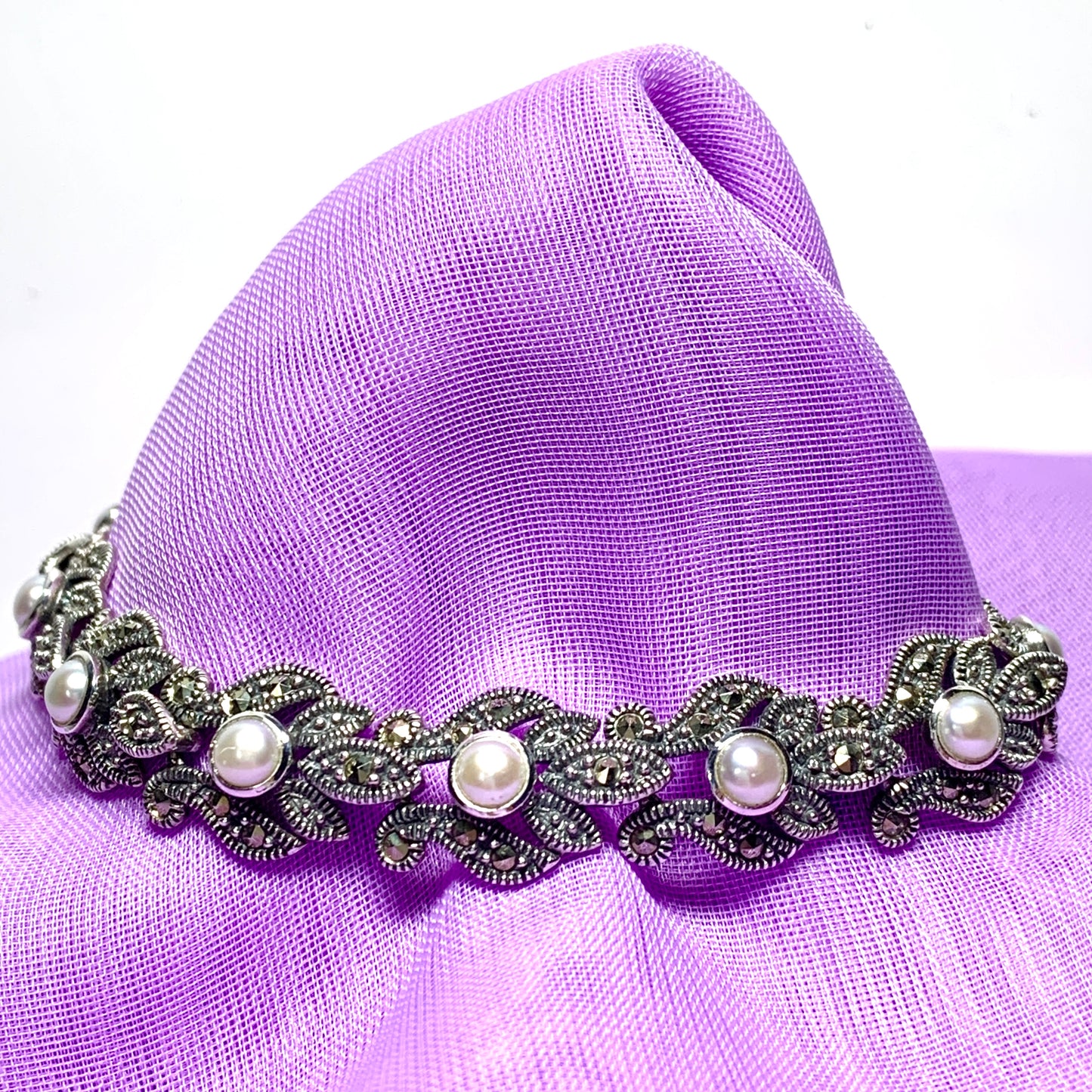 Freshwater cultured pearl and marcasite sterling silver ladies bracelet