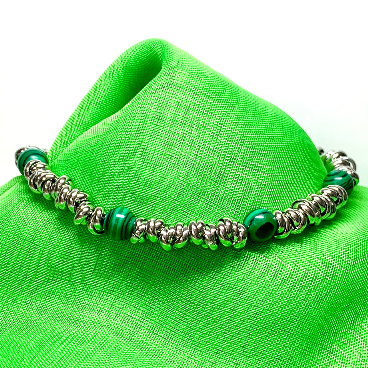 Bracelet green and black malachite heavy solid stainless steel