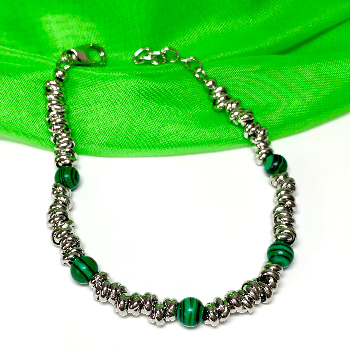 Bracelet green malachite heavy solid stainless steel