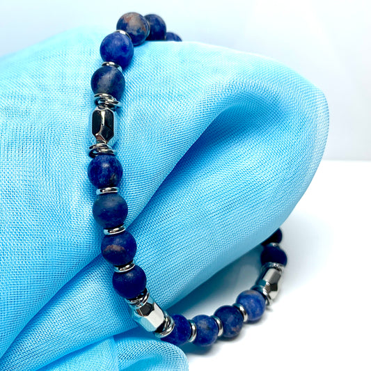 Ladies bracelet lapis lazuli blue heavy solid stainless steel