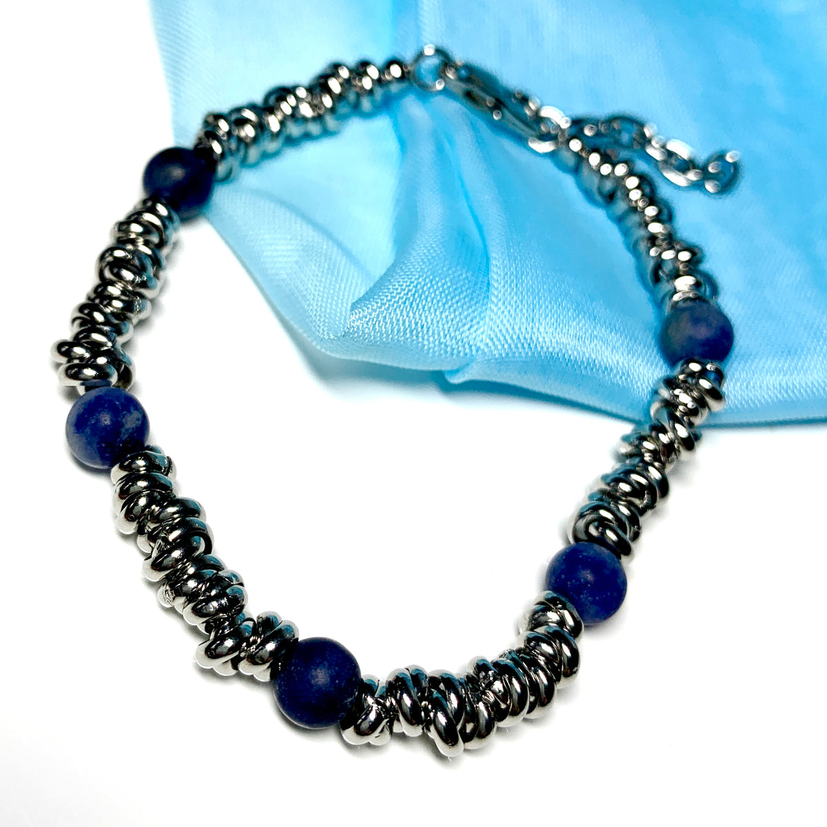 Bracelet blue lapis lazuli heavy solid stainless steel
