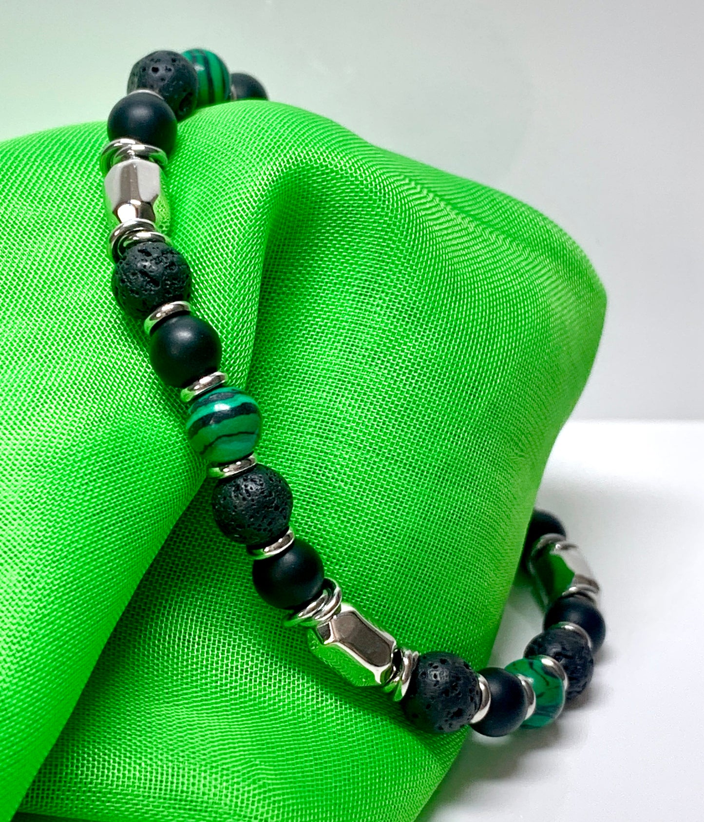 Bracelet black lava and green malachite heavy solid stainless steel