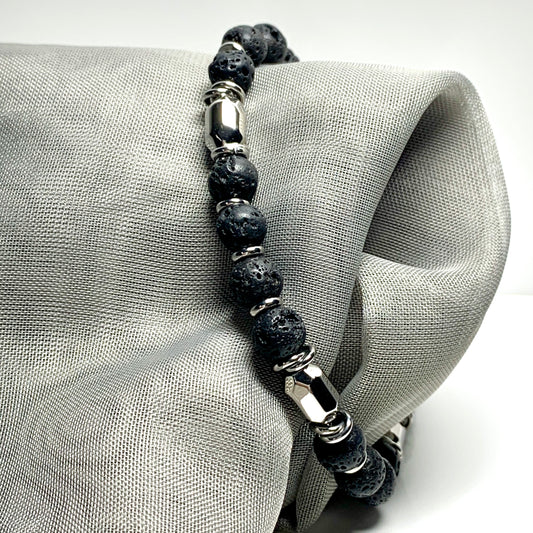Bracelet real black lava heavy solid stainless steel