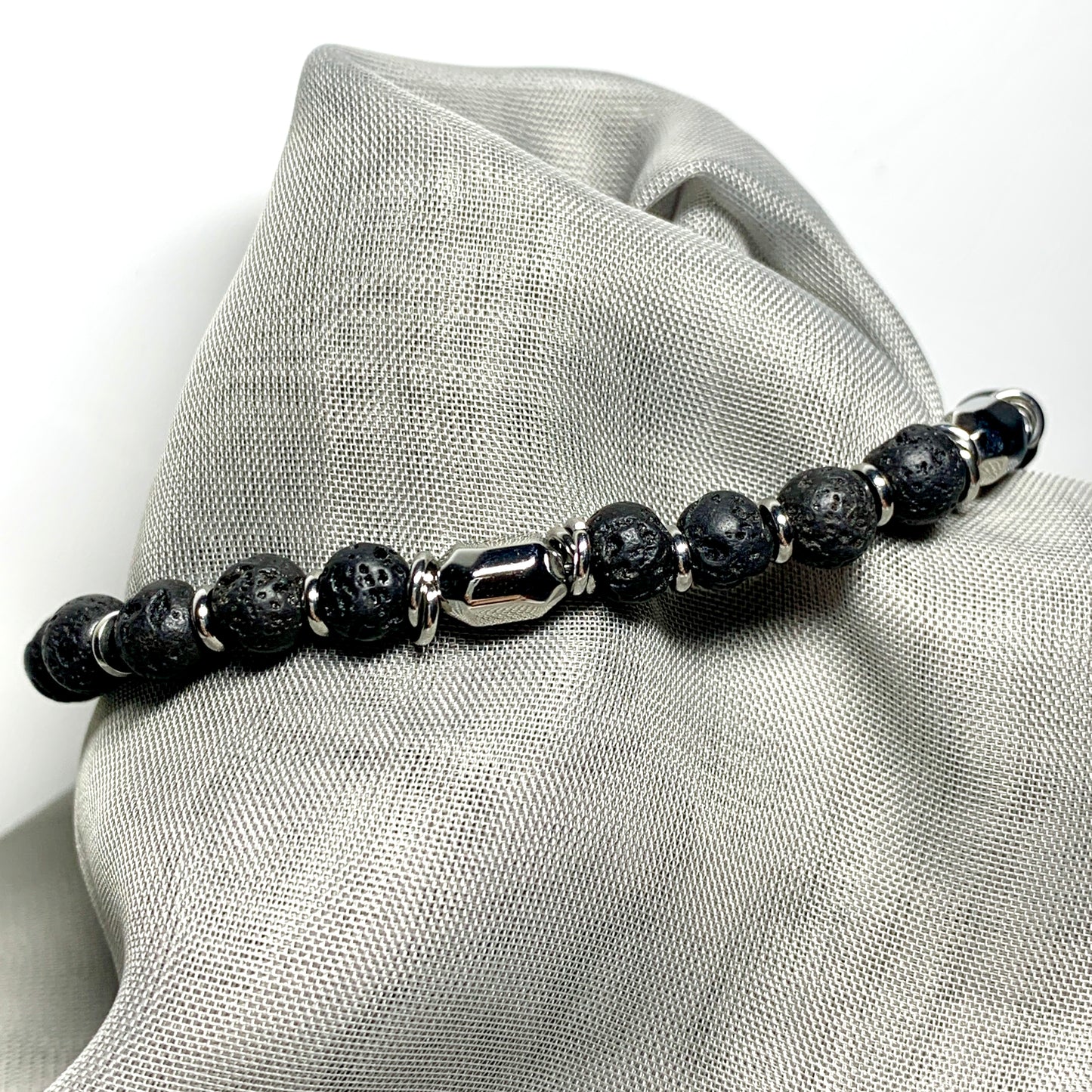 Bracelet real black lava heavy solid stainless steel