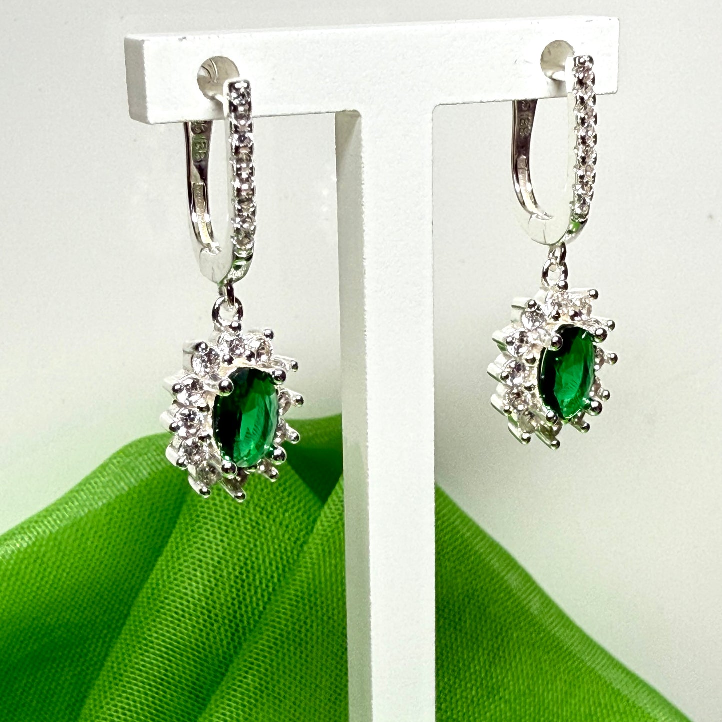 Bright green and white cubic zirconia oval cluster dress cocktail drop earrings