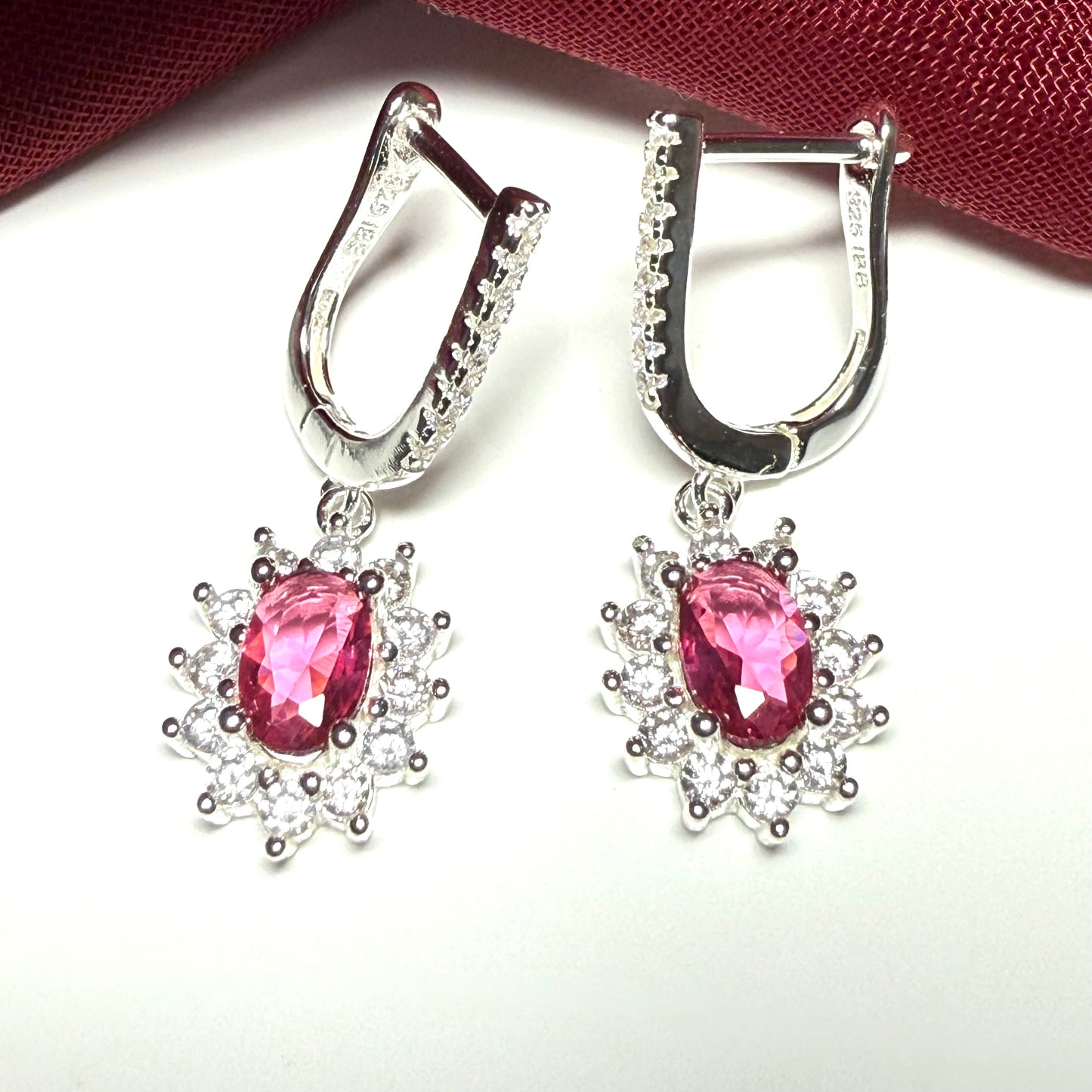 Bright red and white cubic zirconia oval cluster dress cocktail drop earrings