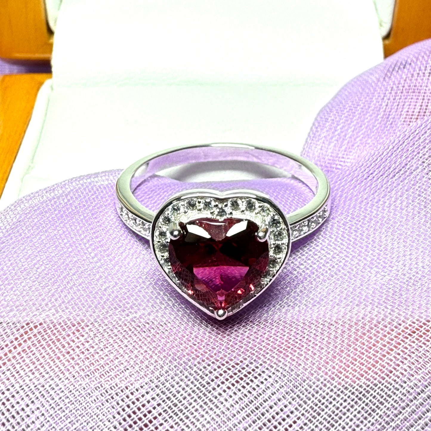 Bright red and white cubic zirconia heart shaped cluster dress cocktail ring