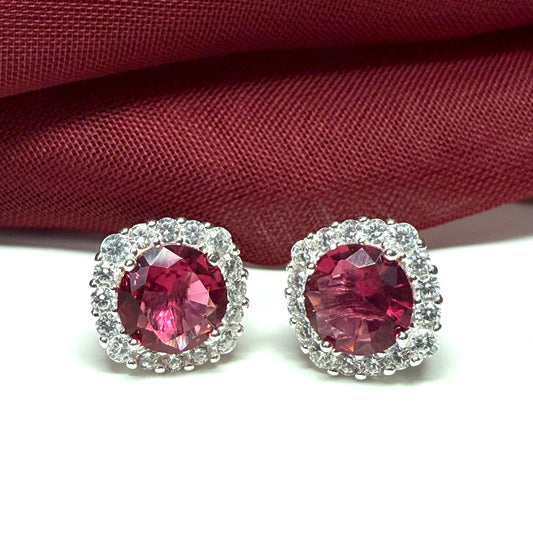 Bright ruby red and white cubic zirconia cushion shaped cluster dress cocktail stud earrings
