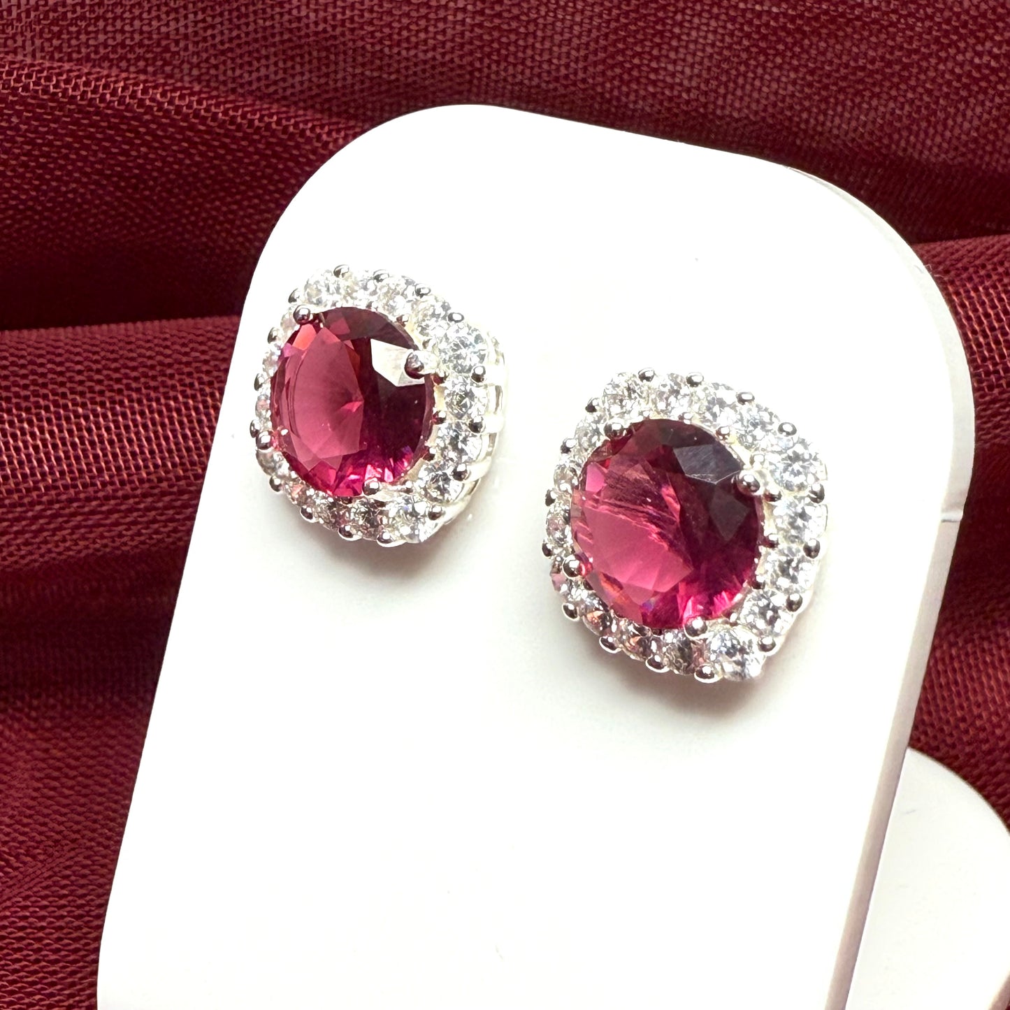 Bright ruby red and white cubic zirconia cushion shaped cluster dress cocktail stud earrings