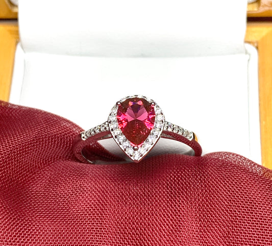 Large bright red and white cubic zirconia pear shaped cluster dress cocktail ring