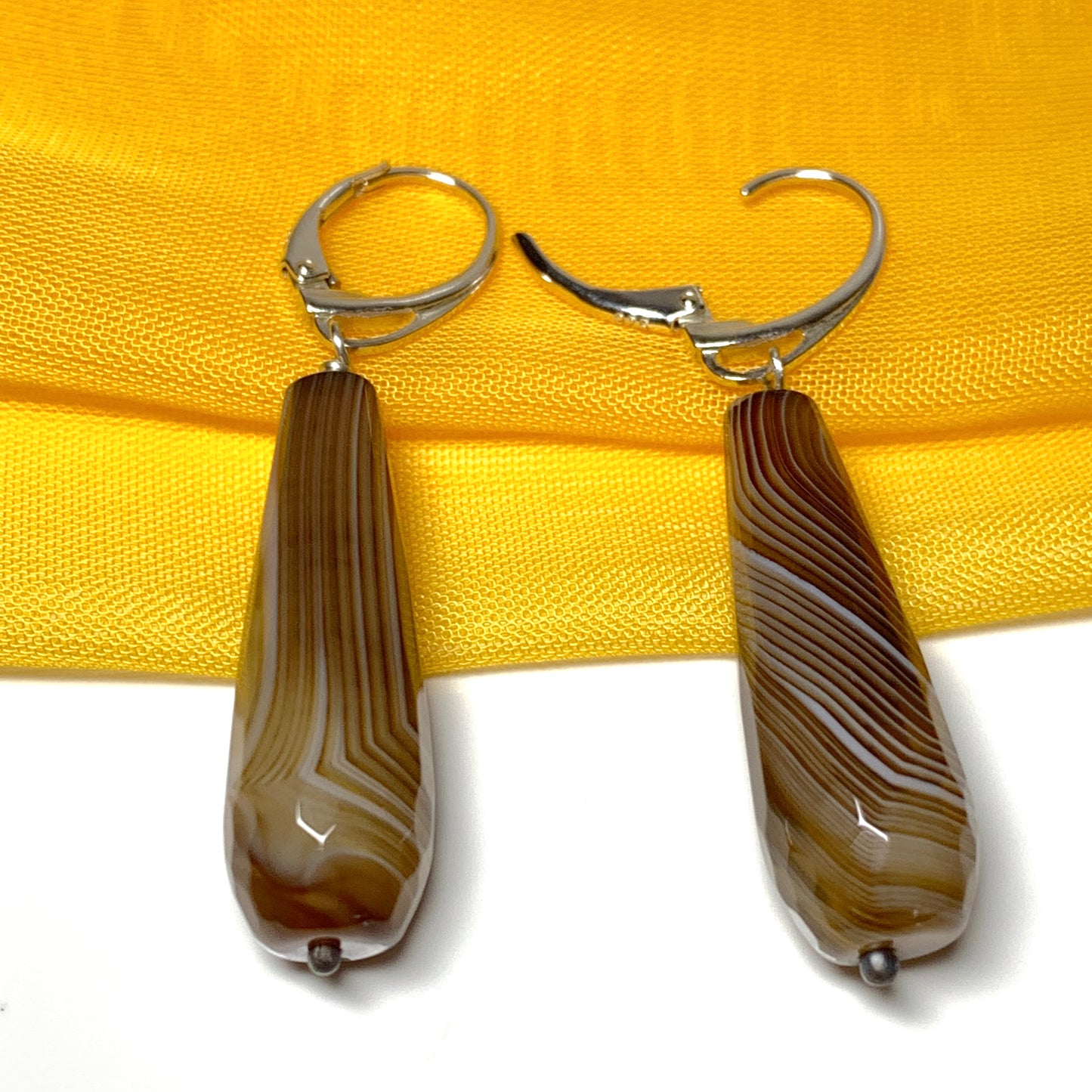 Brown teardrop shaped agate long drop earrings