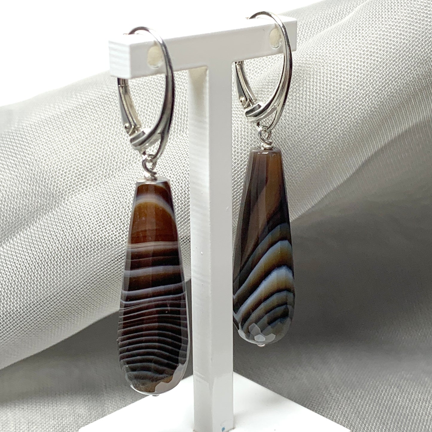 Brown agate teardrop shaped long drop earrings