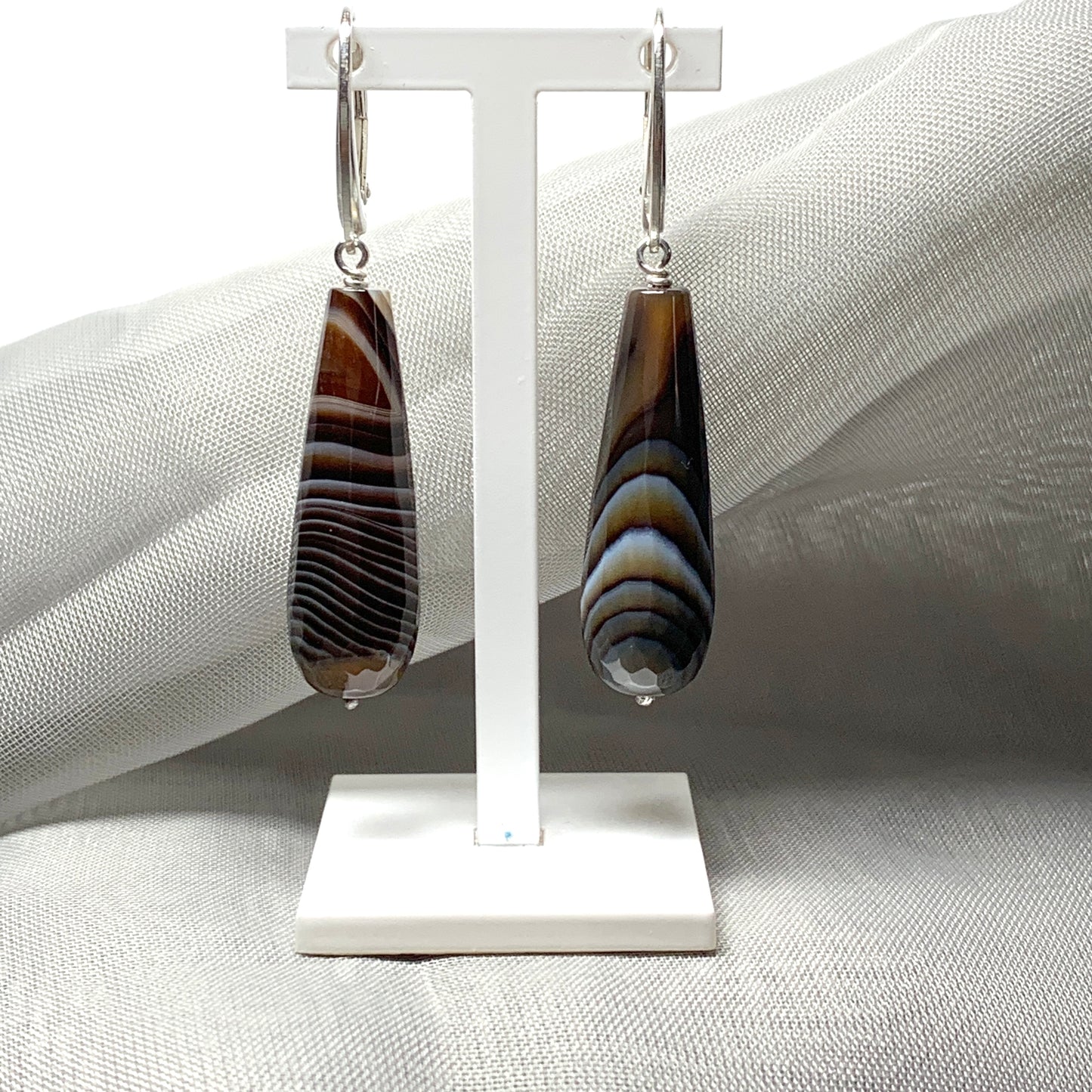 Brown agate teardrop shaped long drop earrings