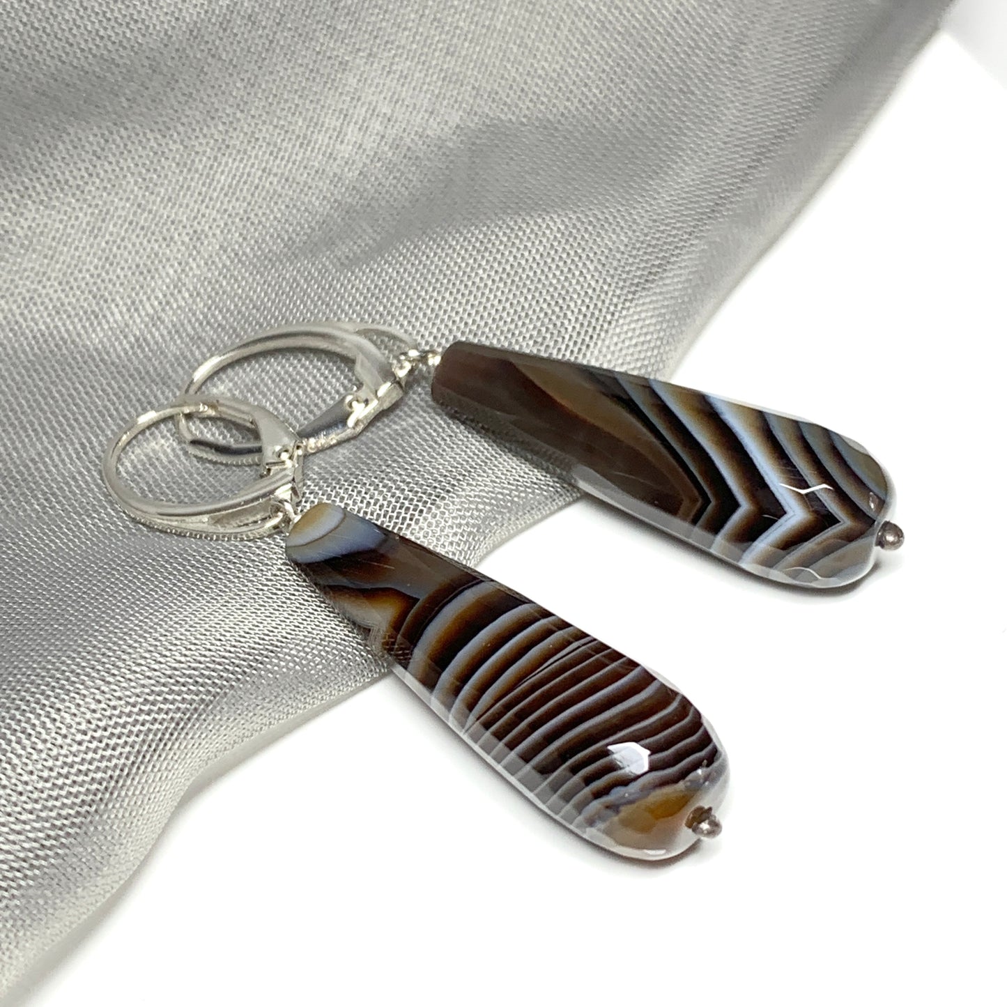 Brown agate teardrop shaped long drop earrings