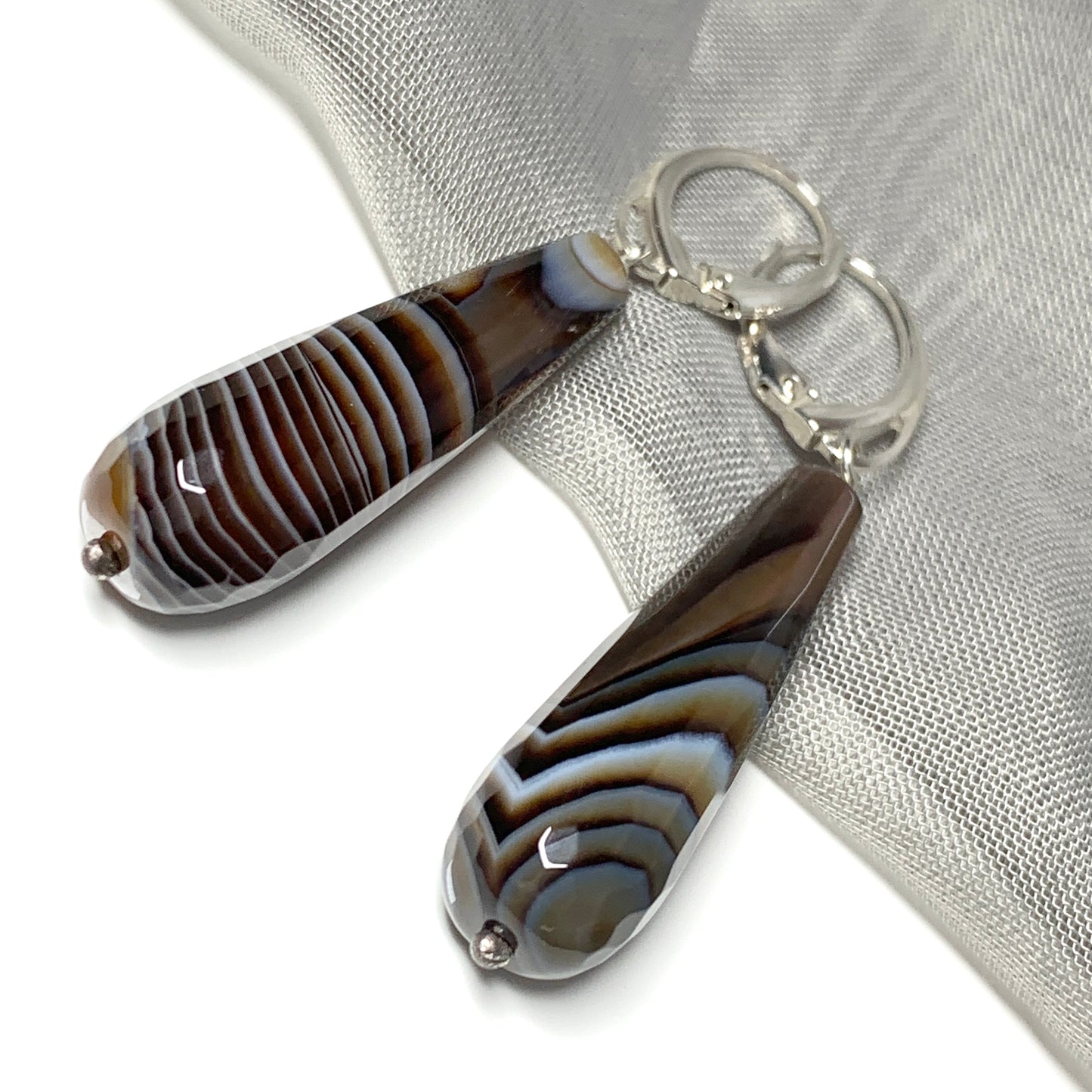 Brown agate teardrop shaped long drop earrings