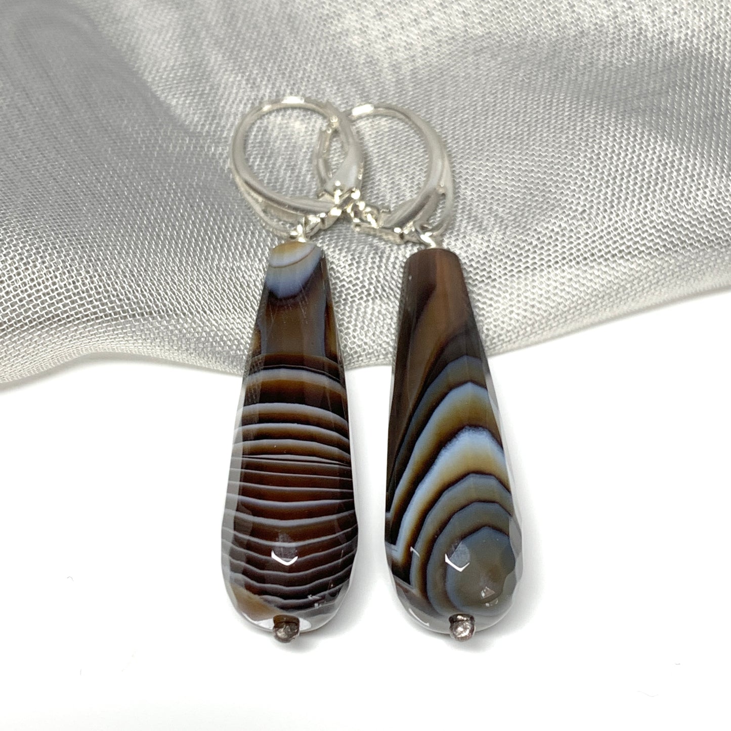 Brown agate teardrop shaped long drop earrings