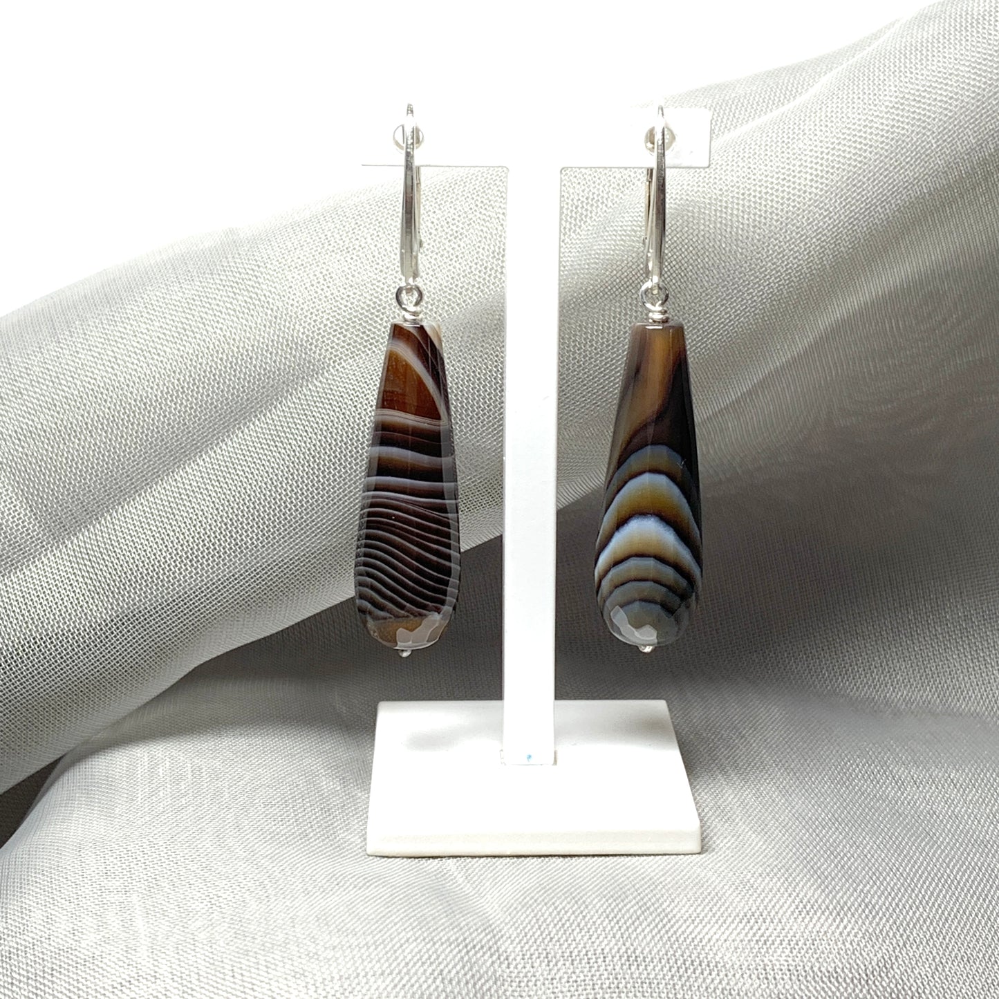 Brown agate teardrop shaped long drop earrings