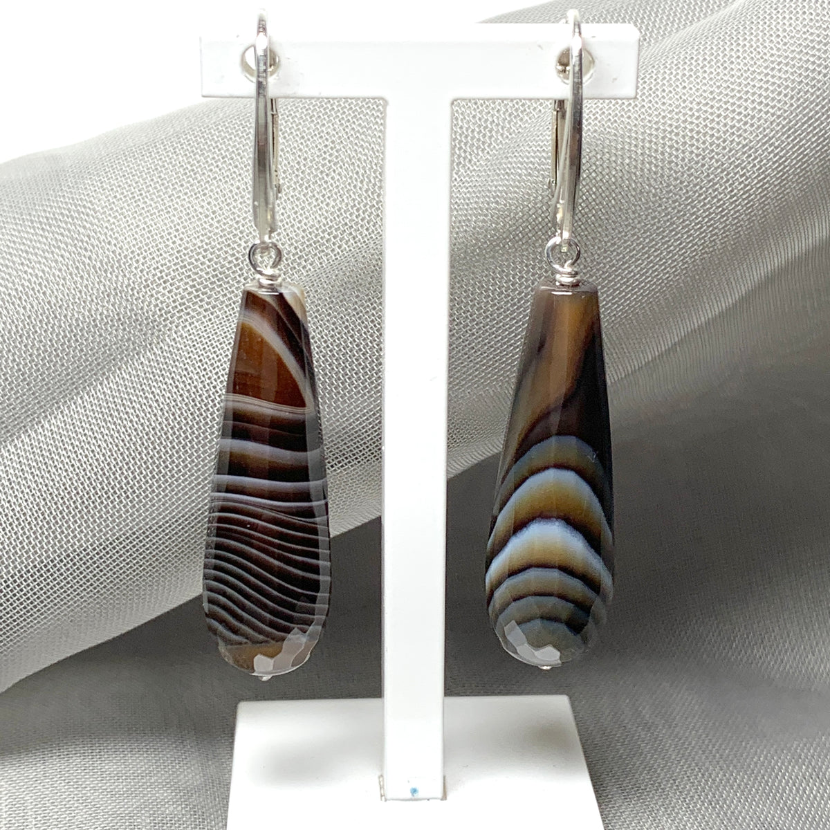 Brown agate teardrop shaped long drop earrings