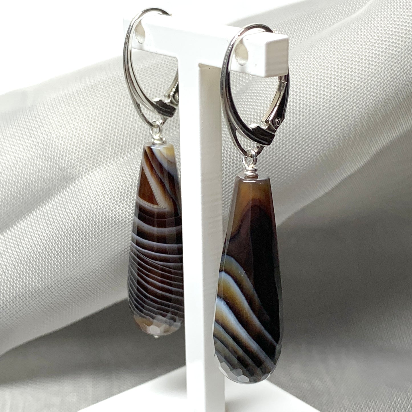 Brown agate teardrop shaped long drop earrings