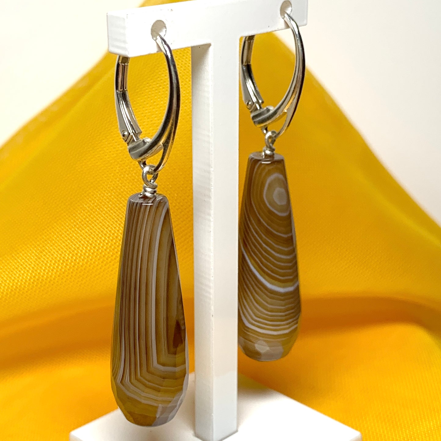 Brown teardrop shaped agate long drop earrings