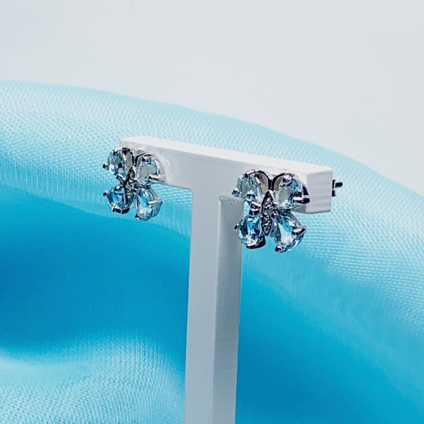 Butterfly Shaped Blue Topaz And Diamond Sterling Silver Stud Earrings