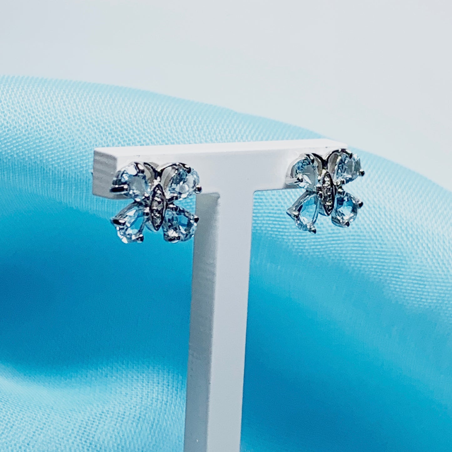 Butterfly Shaped Blue Topaz And Diamond Sterling Silver Stud Earrings