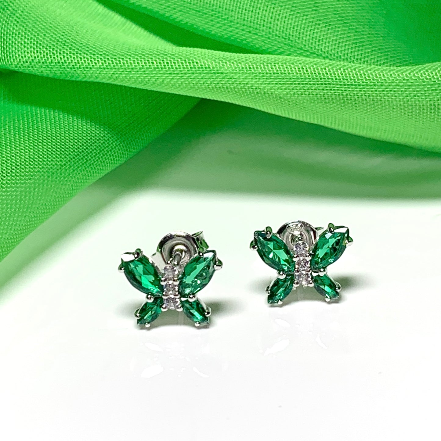 Butterfly shaped green cubic zirconia sterling silver stud earrings
