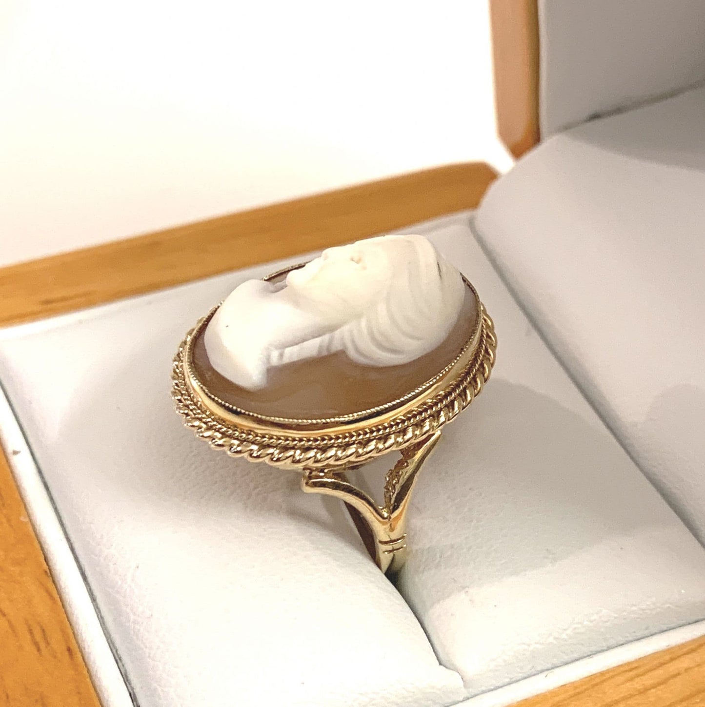 Real Cameo Shell Cocktail Dress Ring Yellow Gold