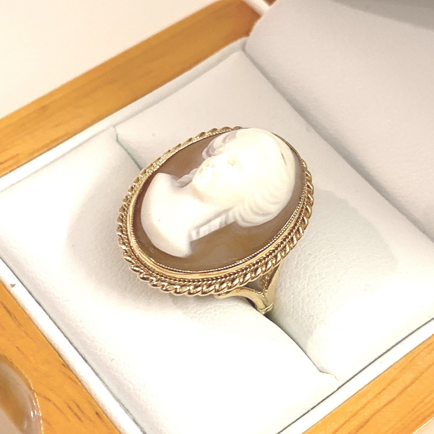 Real Cameo Shell Cocktail Dress Ring Yellow Gold