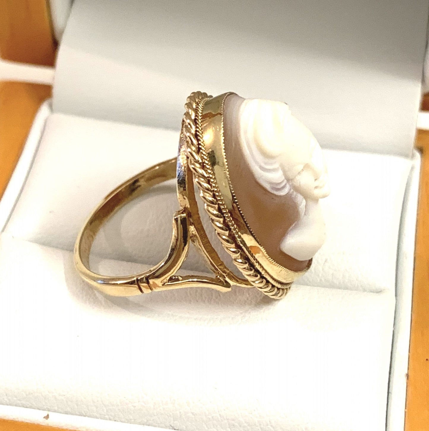 Real Cameo Shell Cocktail Dress Ring Yellow Gold