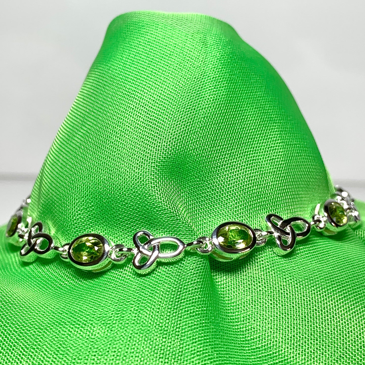 Celtic green peridot oval sterling silver bracelet