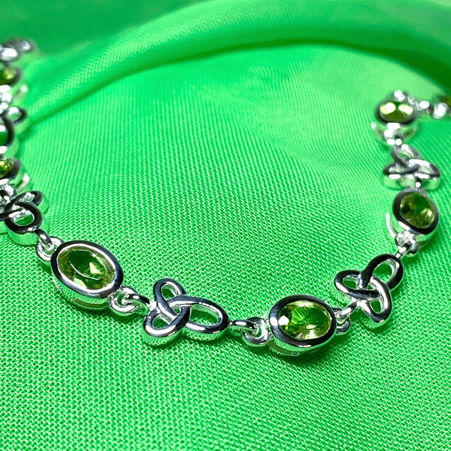 Celtic green peridot oval sterling silver bracelet