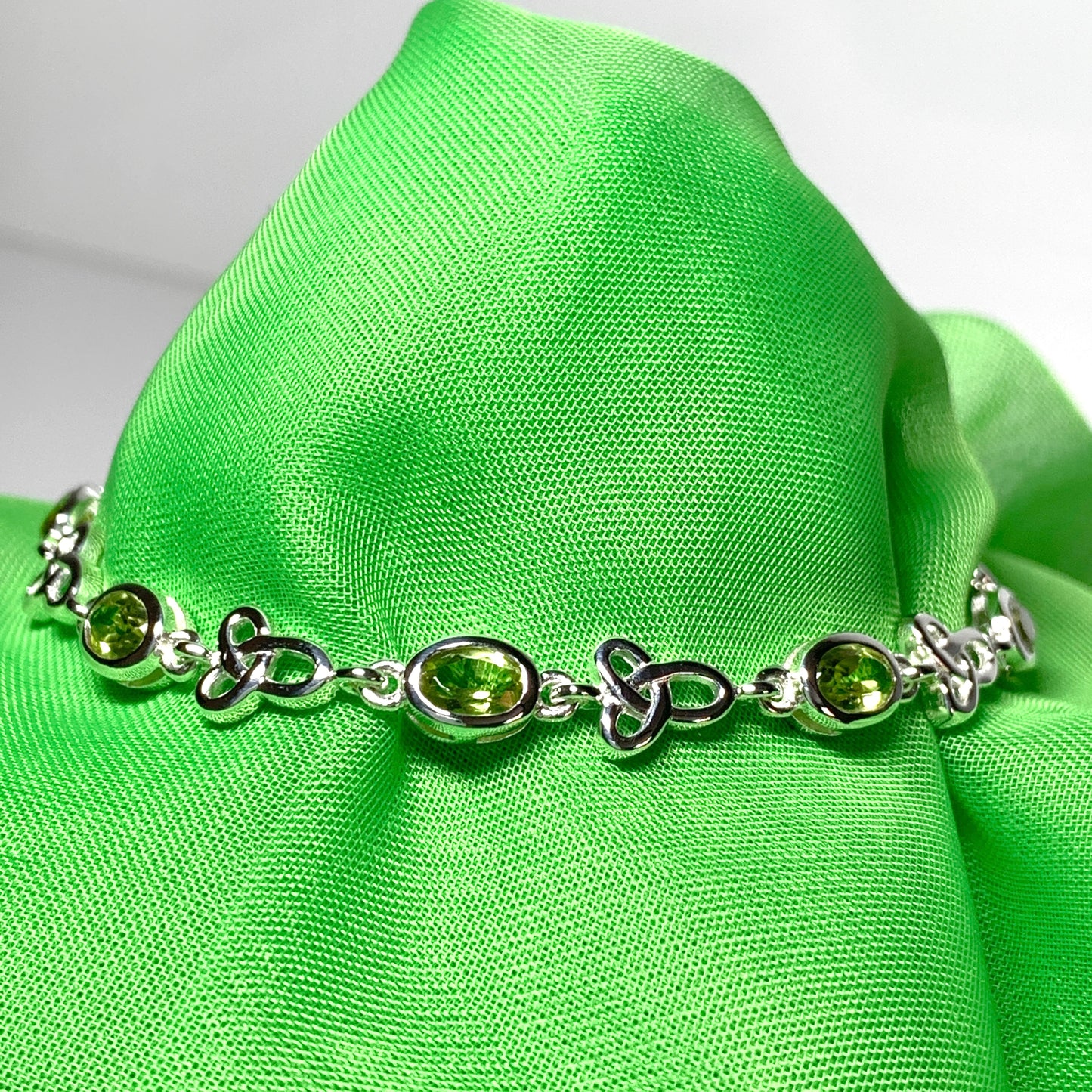 Celtic green peridot oval sterling silver bracelet