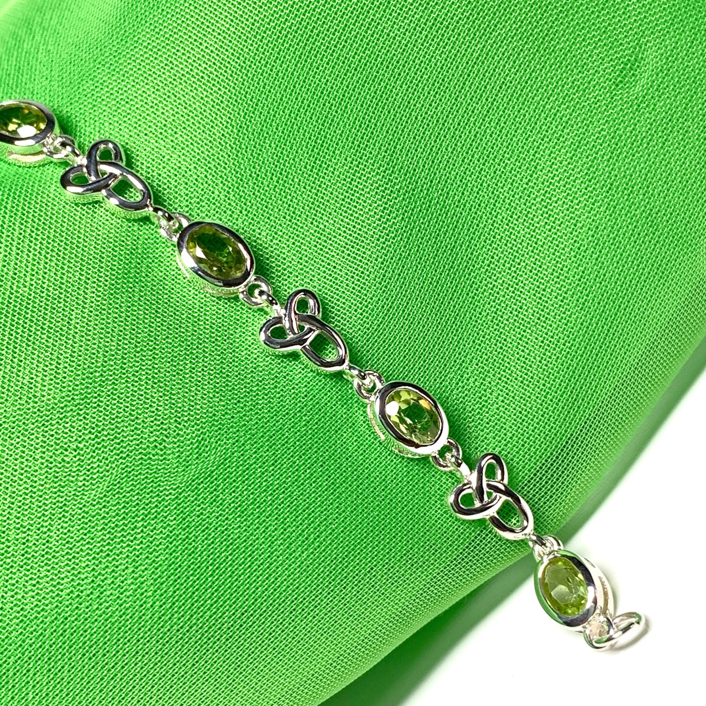 Celtic green peridot oval sterling silver bracelet