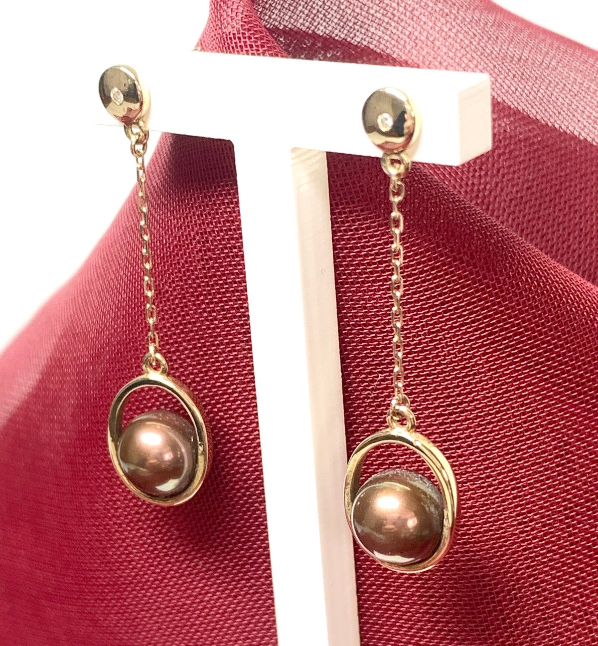 Chocolate pearl drop earrings freshwater cultured yellow gold