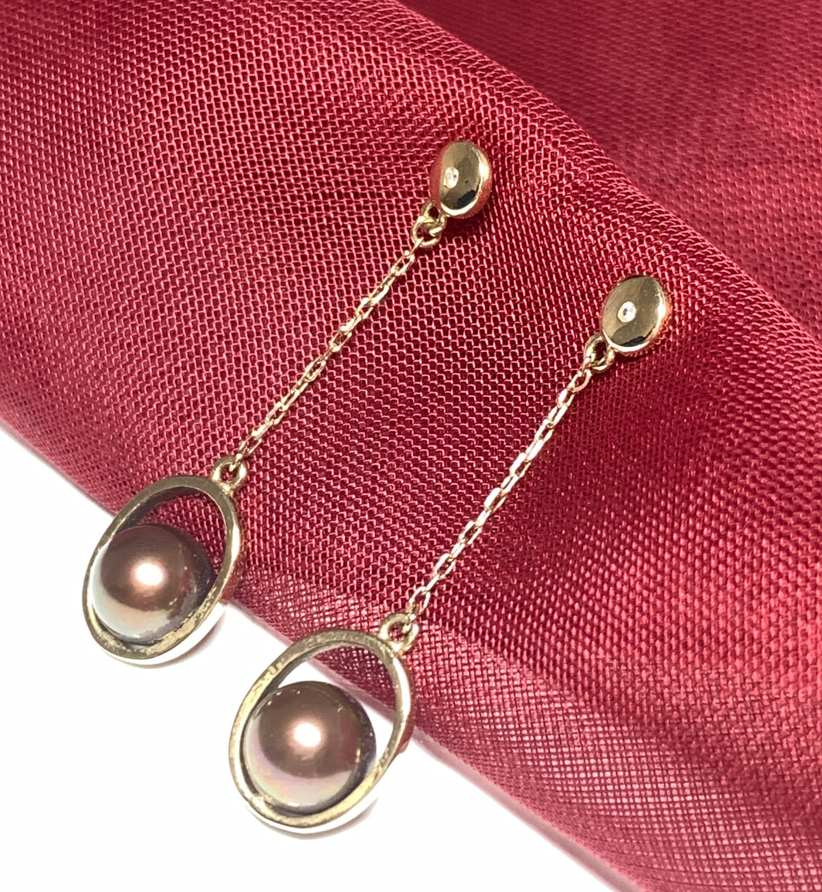 Chocolate pearl drop earrings freshwater cultured yellow gold