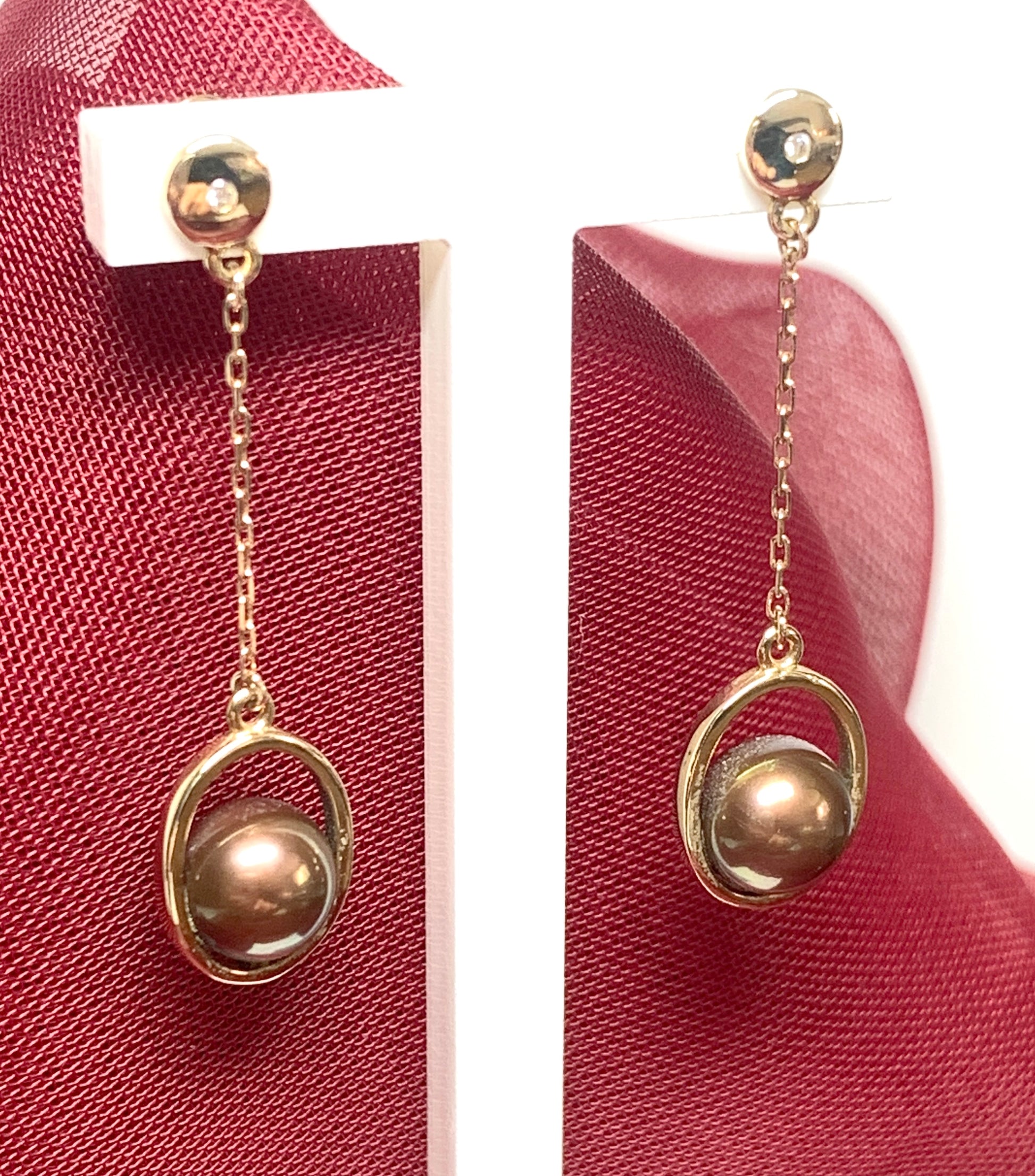 Chocolate pearl drop earrings freshwater cultured yellow gold